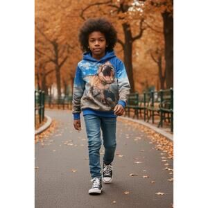 Boy's T REX Dinosaur Hoodie With Pockets Sweatshirt Back Front Print Size 6-7
